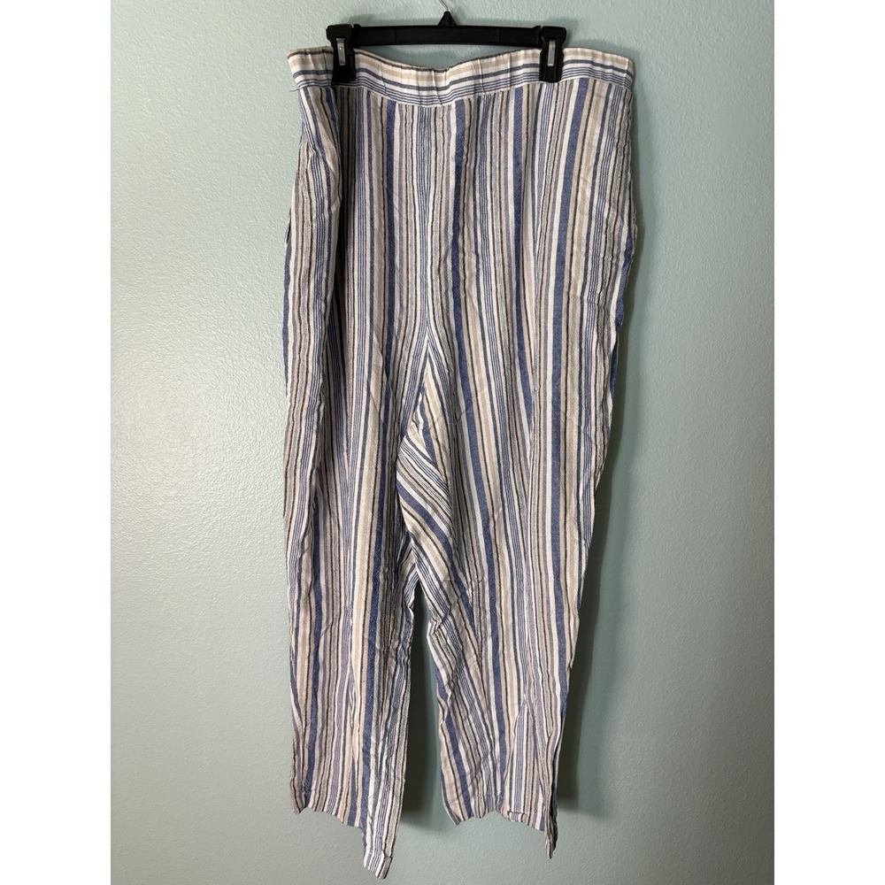 Woman Within Pants 26W Plus Size Blue White Striped Linen Rayon Blend Pull On